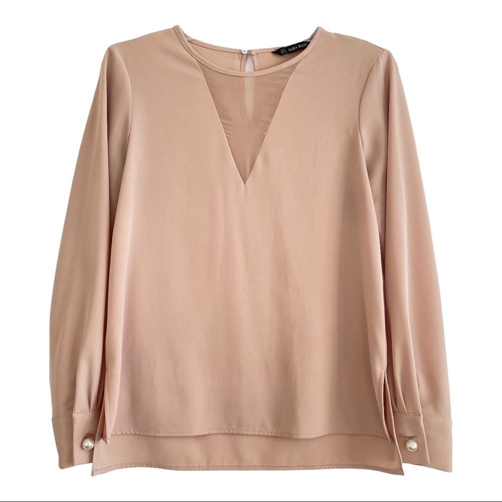 Zara Nude Tan Mesh Long Sleeve Pearl Button Top